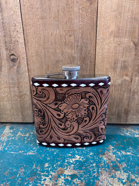 Medium Buck Stitched Flower Tooled Flask