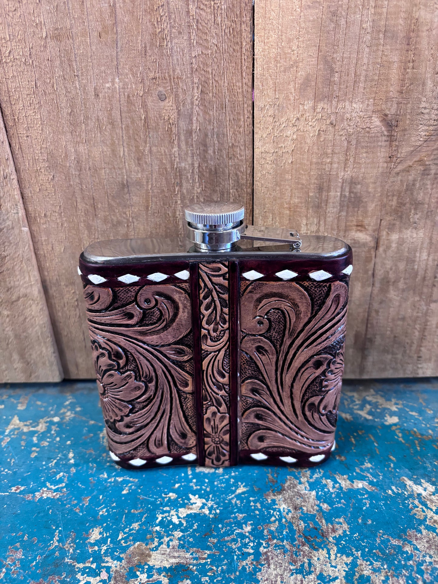 Medium Buck Stitched Flower Tooled Flask