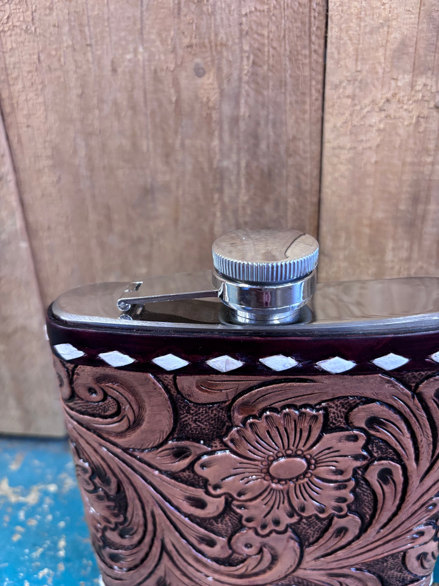 Medium Buck Stitched Flower Tooled Flask