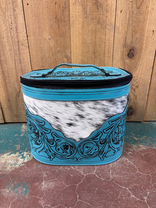 Oval Turquoise Flower Tooled Cowhide Jewelry Box