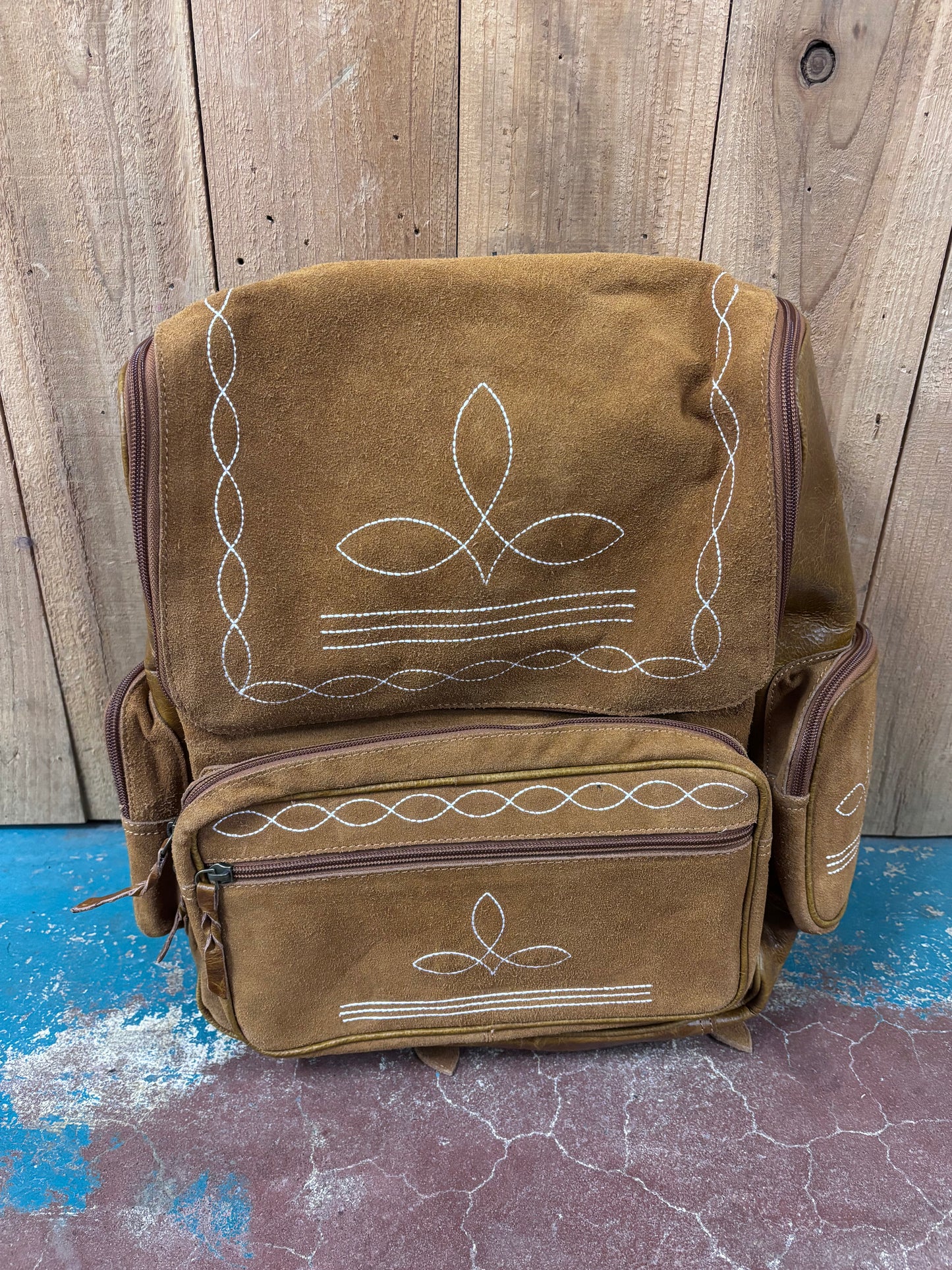 Tan Suede Leather Boot Stitched Backpack