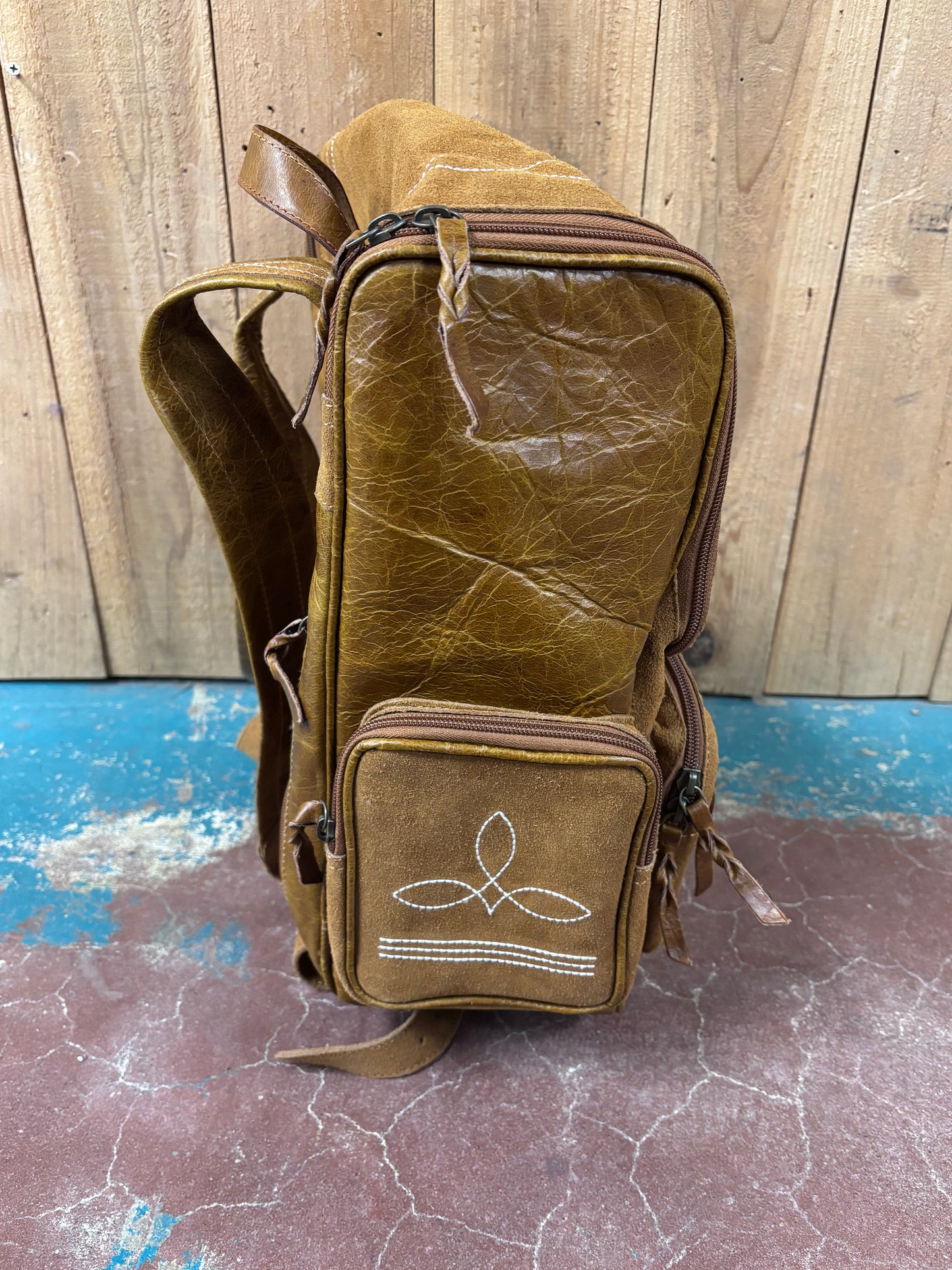 Tan Suede Leather Boot Stitched Backpack