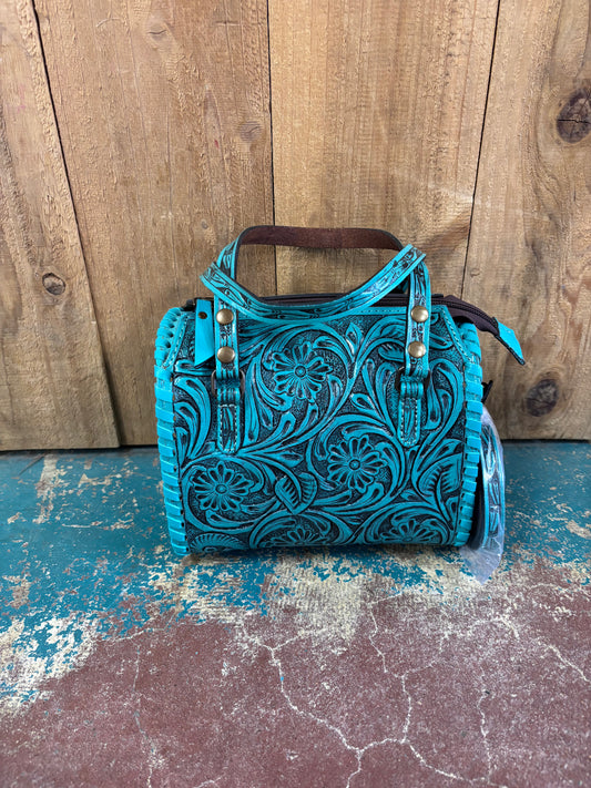 Mini Turquoise And Black Flower Tooled Leather Crossbody Purse
