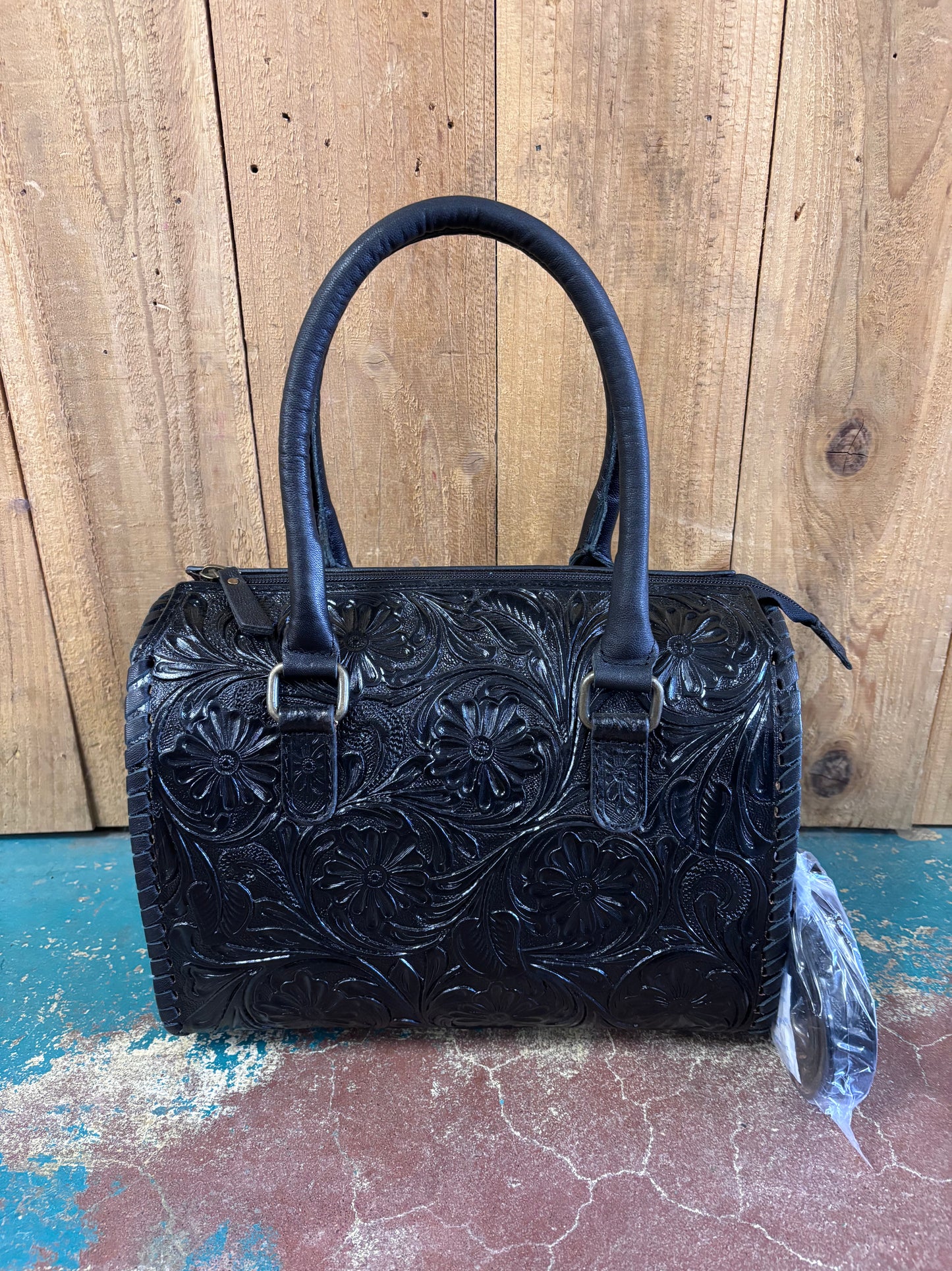 Medium Black Flower Tooled Leather Purse