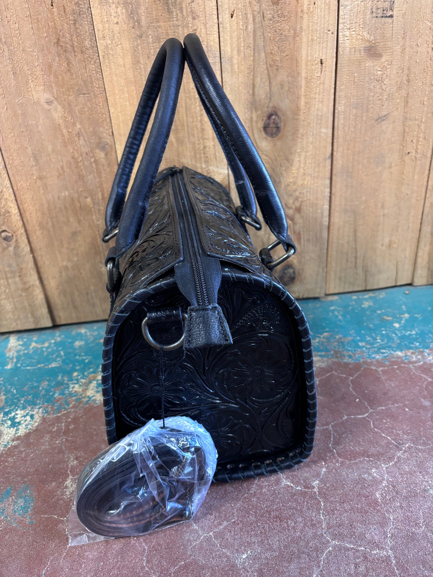 Medium Black Flower Tooled Leather Purse