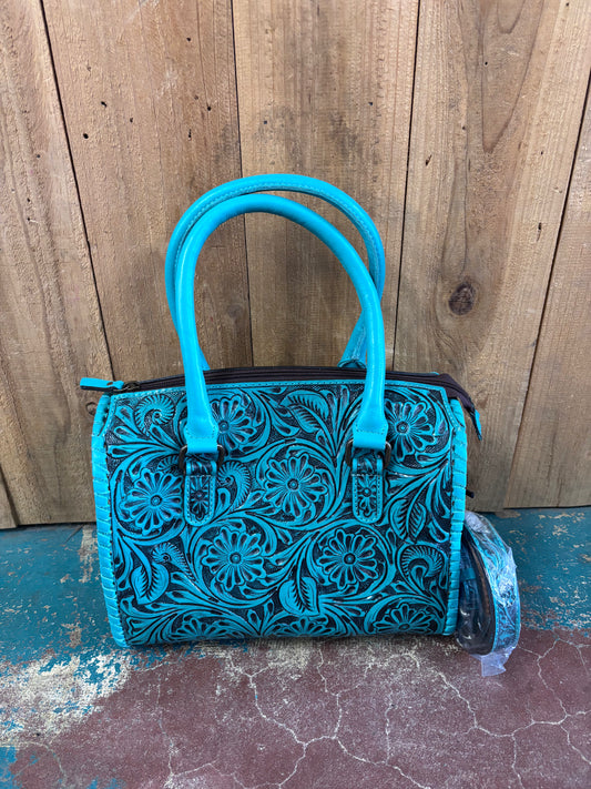 Medium Turquoise And Black Flower Tooled Leather Purse