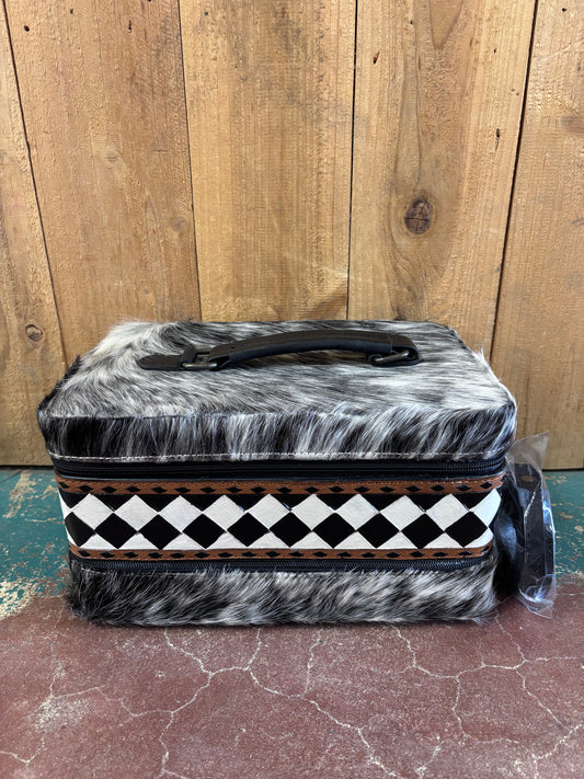Rectangular Double Stacked Cowhide Black And White Checkered Jewelry Box
