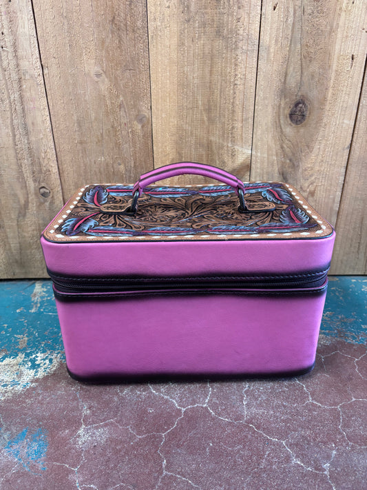 Rectangular Pink Leather Flower And Feather Tooled Jewelry Box