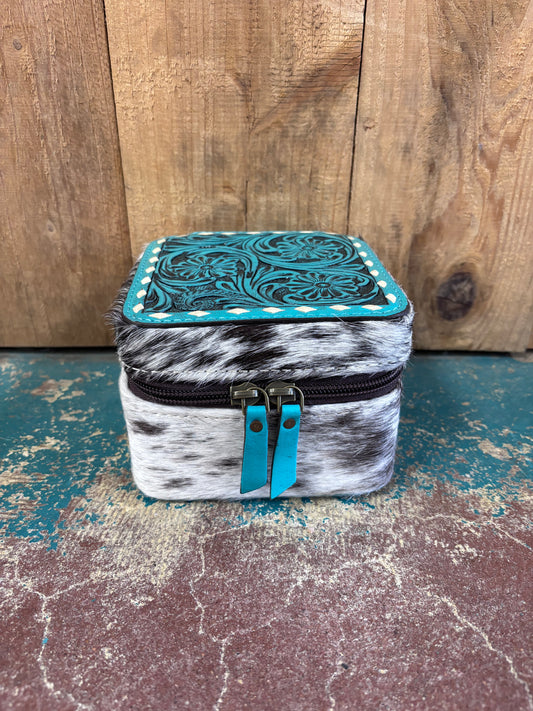 Version 1 Mini Square Turquoise Tooled Cowhide Jewelry Box