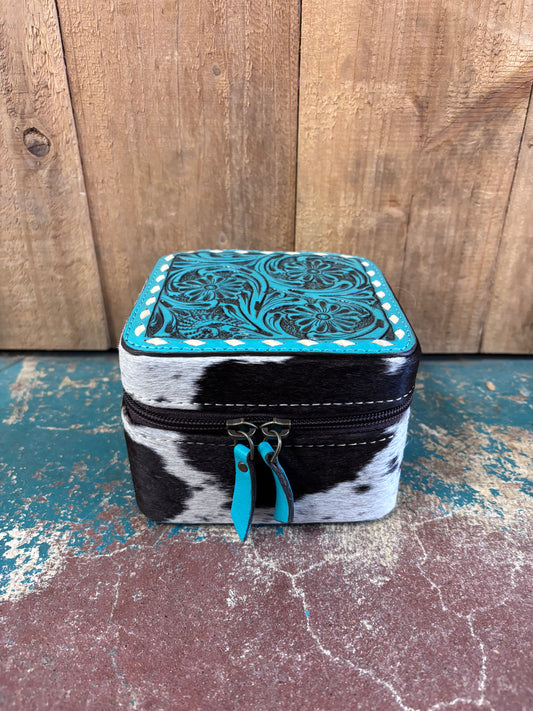 Version 2 Mini Square Turquoise Tooled Cowhide Jewelry Box