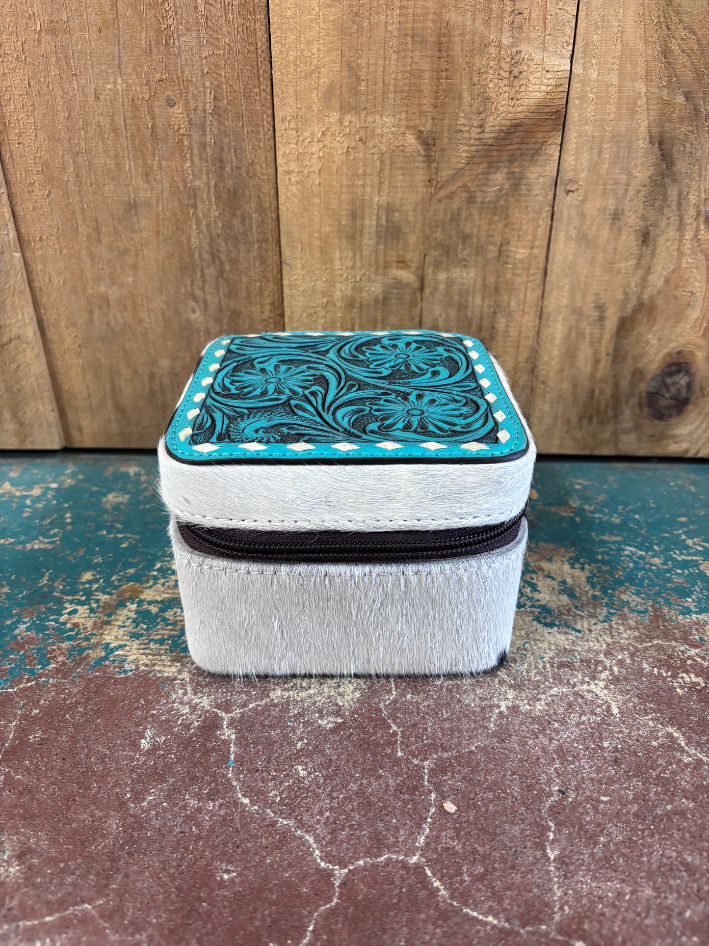 Version 3 Mini Square Turquoise Tooled Cowhide Jewelry Box
