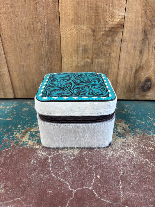 Version 3 Mini Square Turquoise Tooled Cowhide Jewelry Box