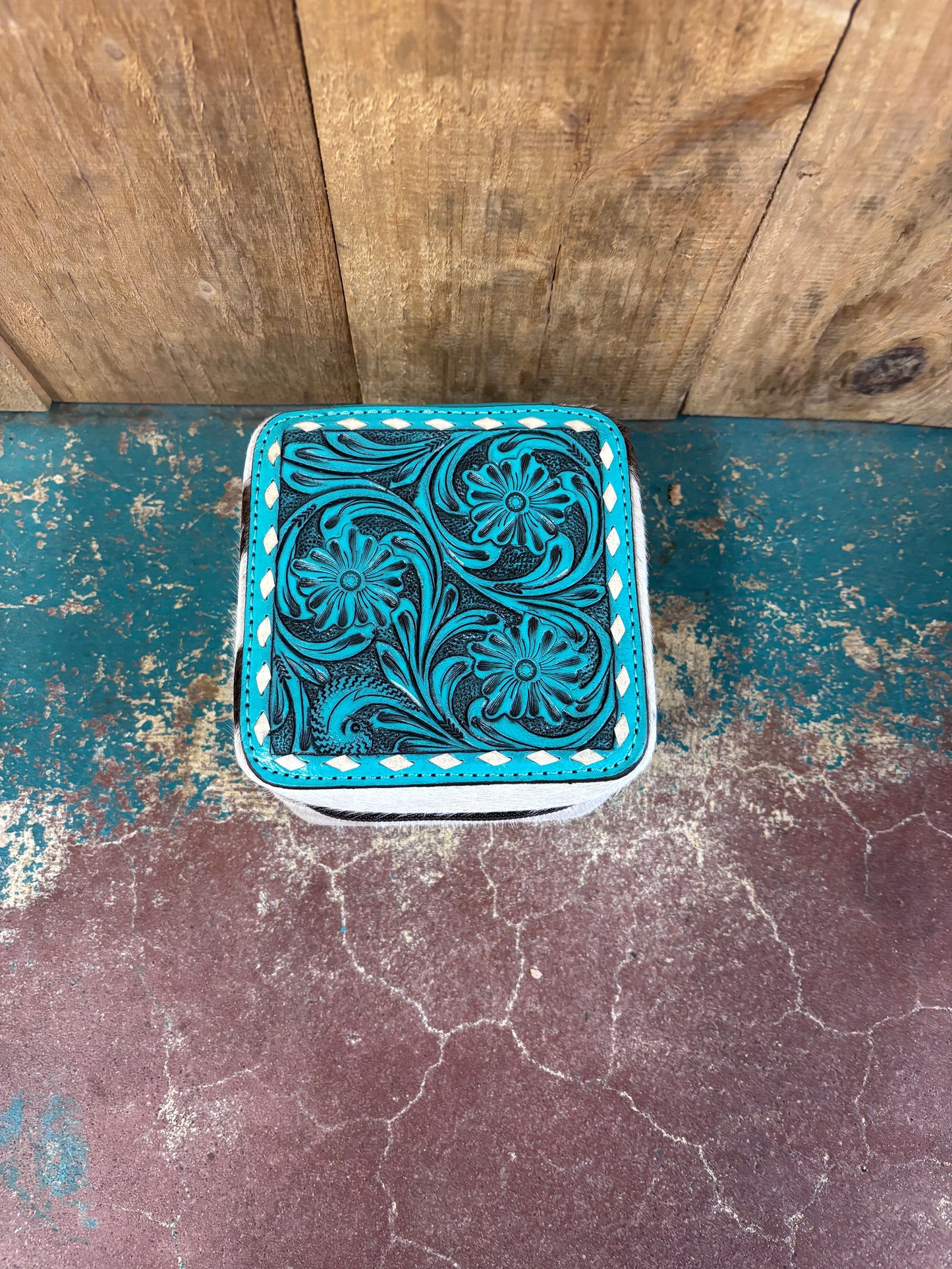 Version 3 Mini Square Turquoise Tooled Cowhide Jewelry Box