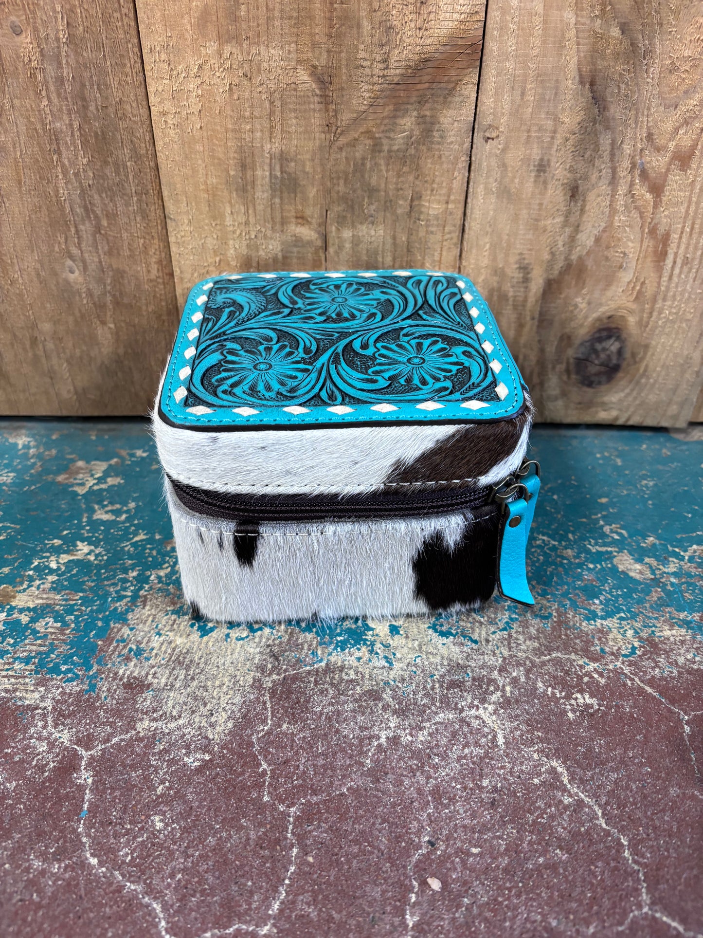 Version 3 Mini Square Turquoise Tooled Cowhide Jewelry Box