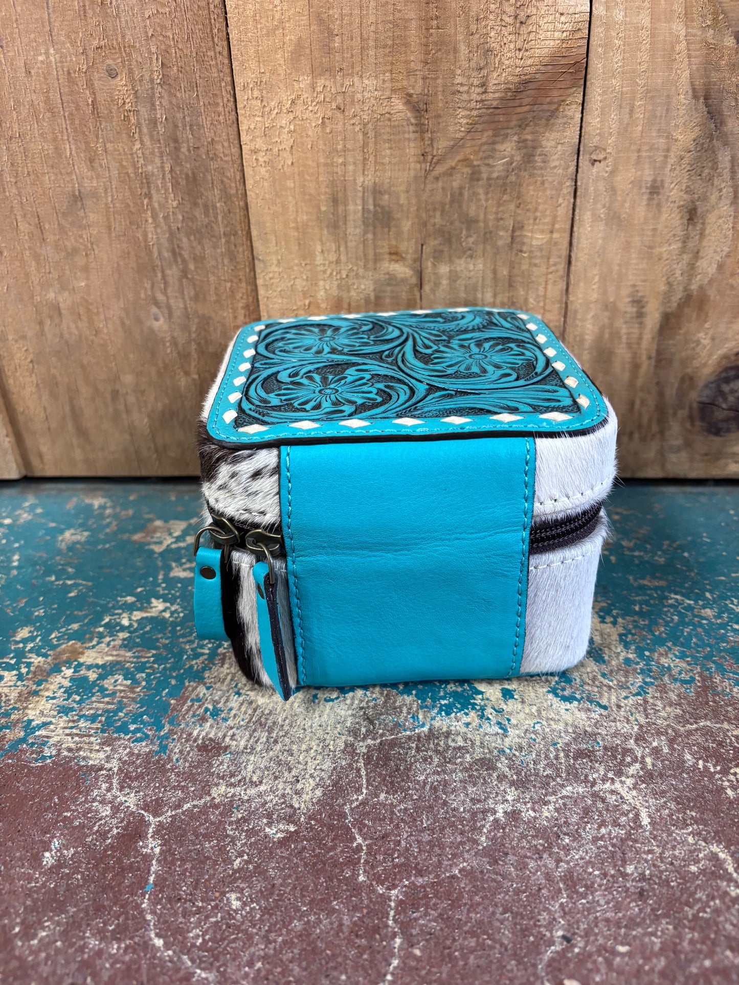 Version 3 Mini Square Turquoise Tooled Cowhide Jewelry Box