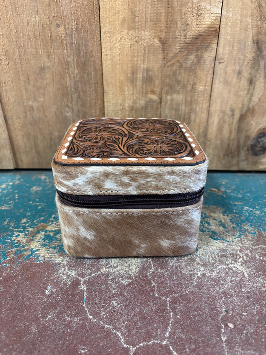 Version 1 Mini Square Tan Tooled Cowhide Jewelry Box
