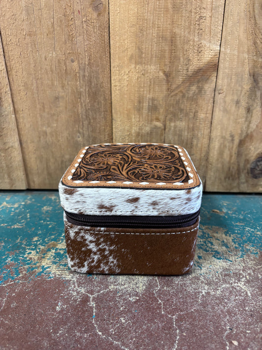 Version 2 Mini Square Tan Tooled Cowhide Jewelry Box