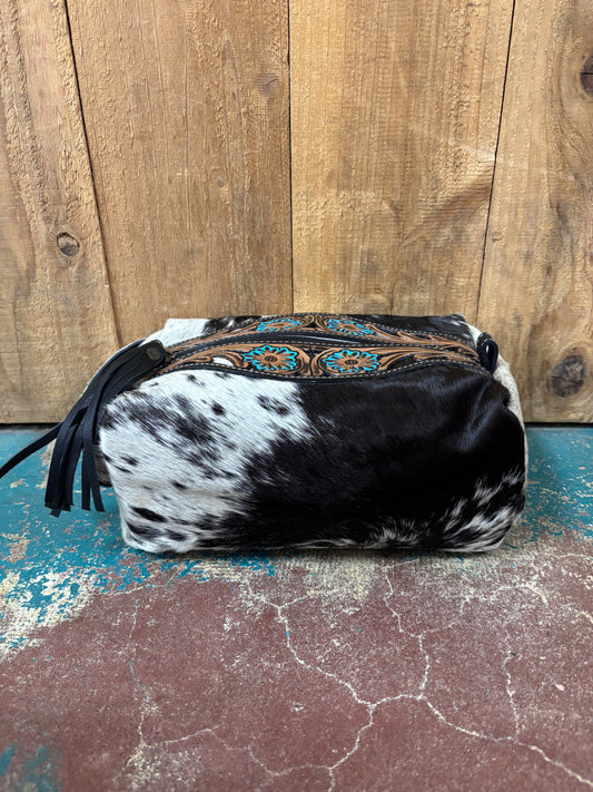 Black and White Cowhide Tooled Leather Shaving Kit