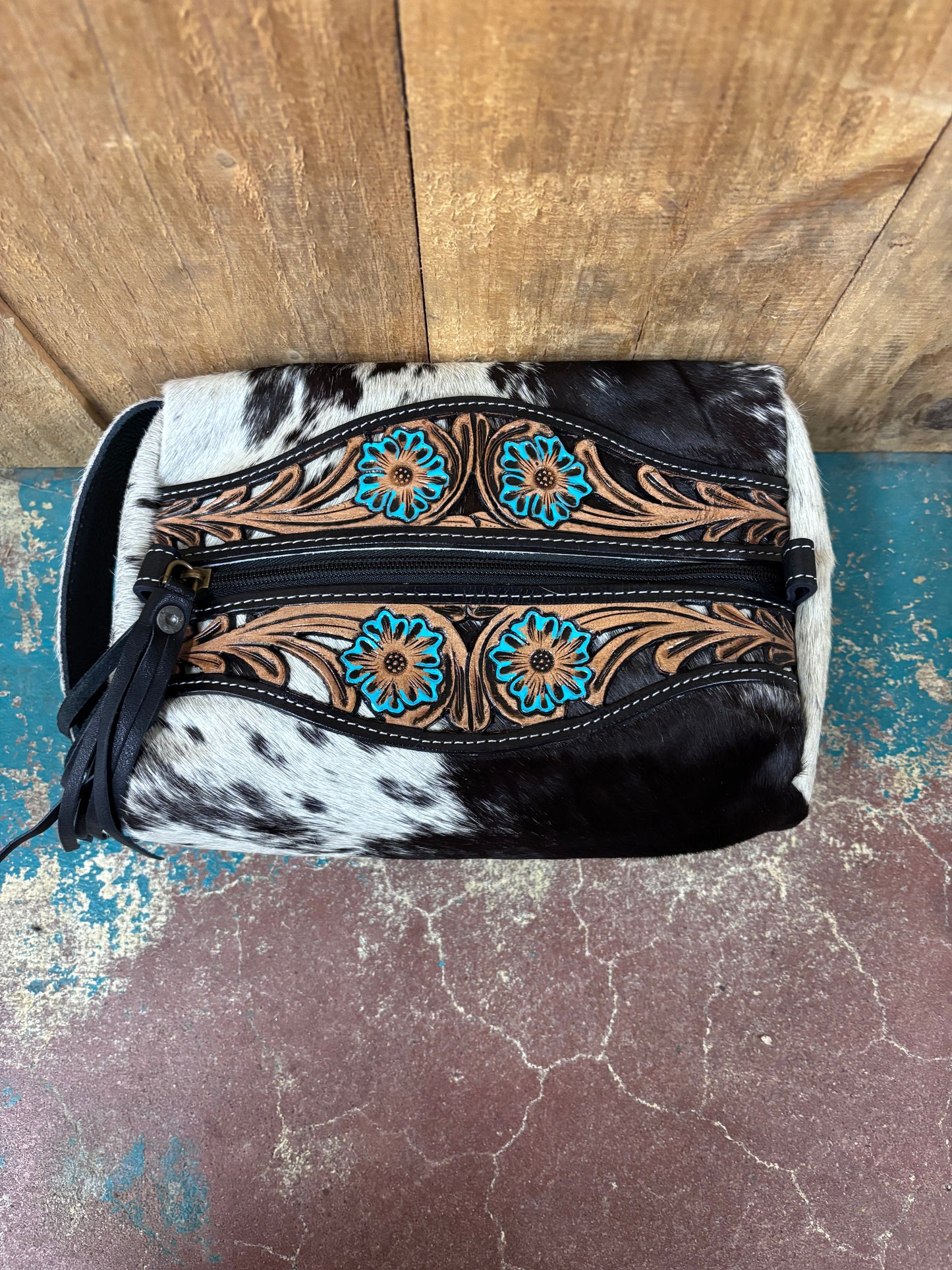 Black and White Cowhide Tooled Leather Shaving Kit