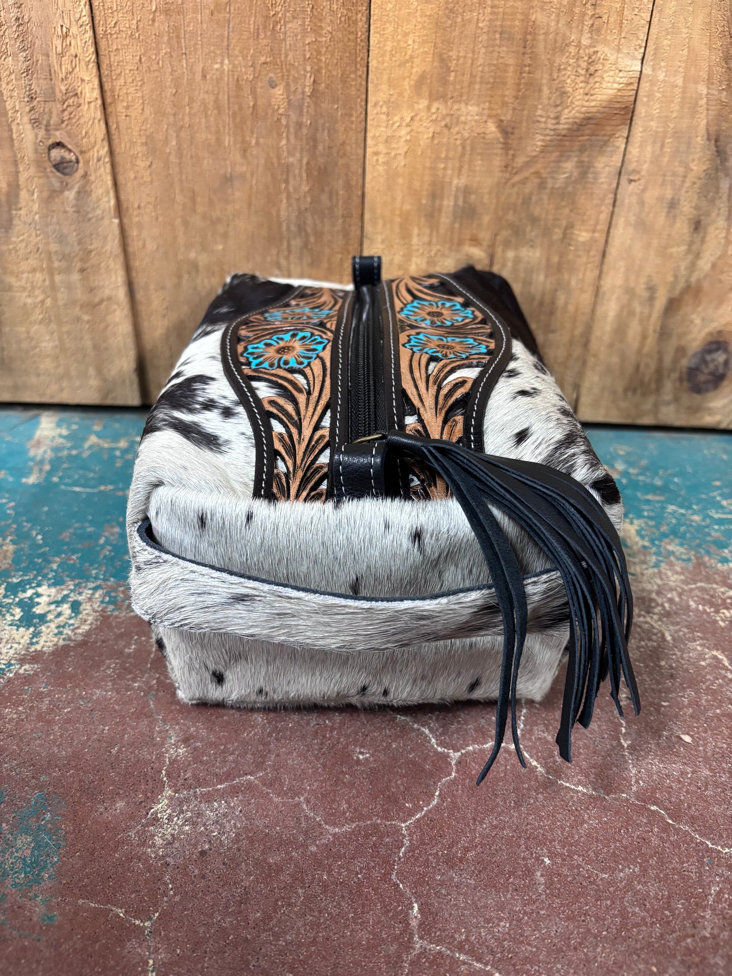 Black and White Cowhide Tooled Leather Shaving Kit