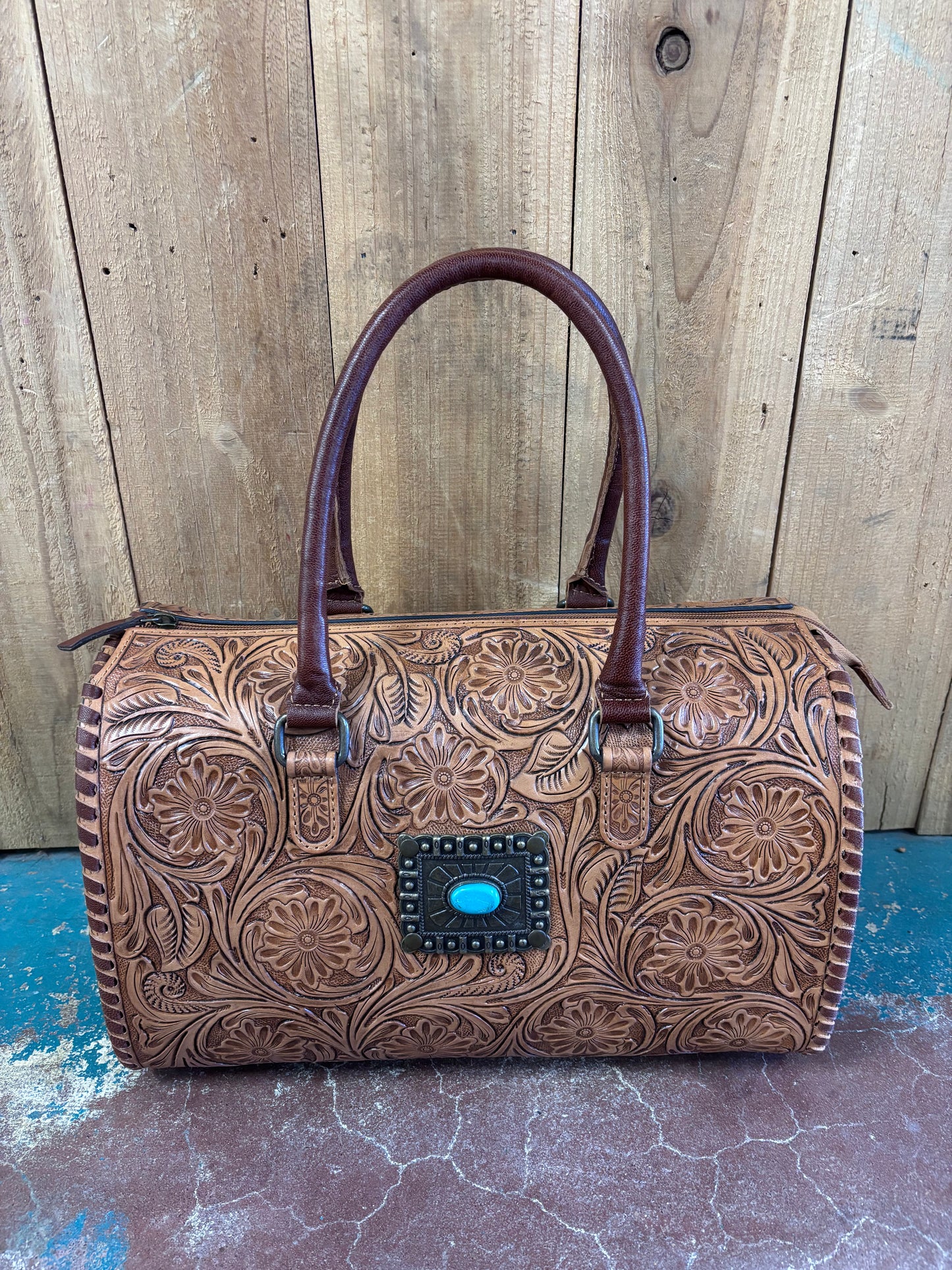 Large Brown Flower Tooled Turquoise Stone Speedy Bag Leather Purse
