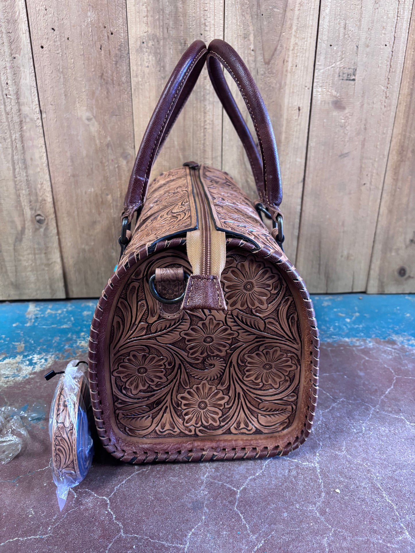 Large Brown Flower Tooled Turquoise Stone Speedy Bag Leather Purse