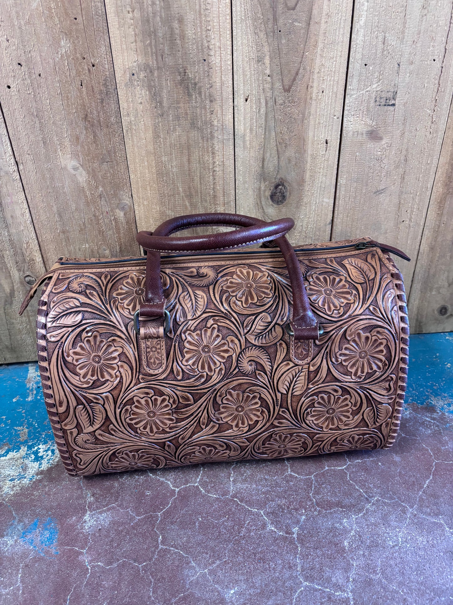 Large Brown Flower Tooled Turquoise Stone Speedy Bag Leather Purse