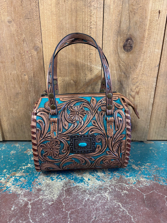 Mini Tan And Turquoise Flower Tooled Turquoise Stone Crossbody Leather Speedy Bag Purse