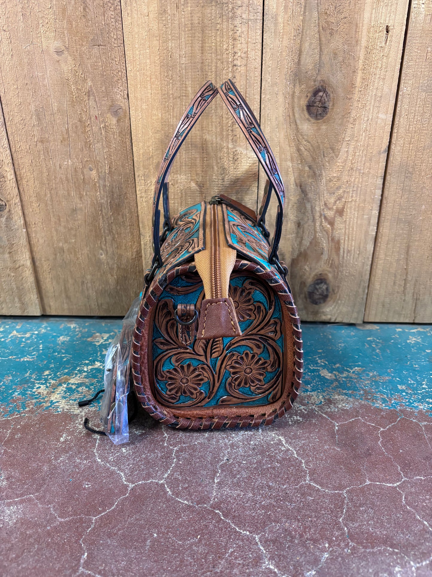 Mini Tan And Turquoise Flower Tooled Turquoise Stone Crossbody Leather Speedy Bag Purse