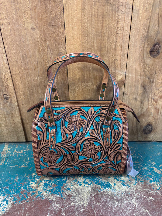 Mini Tan And Turquoise Flower Tooled Crossbody Leather Speedy Bag Purse