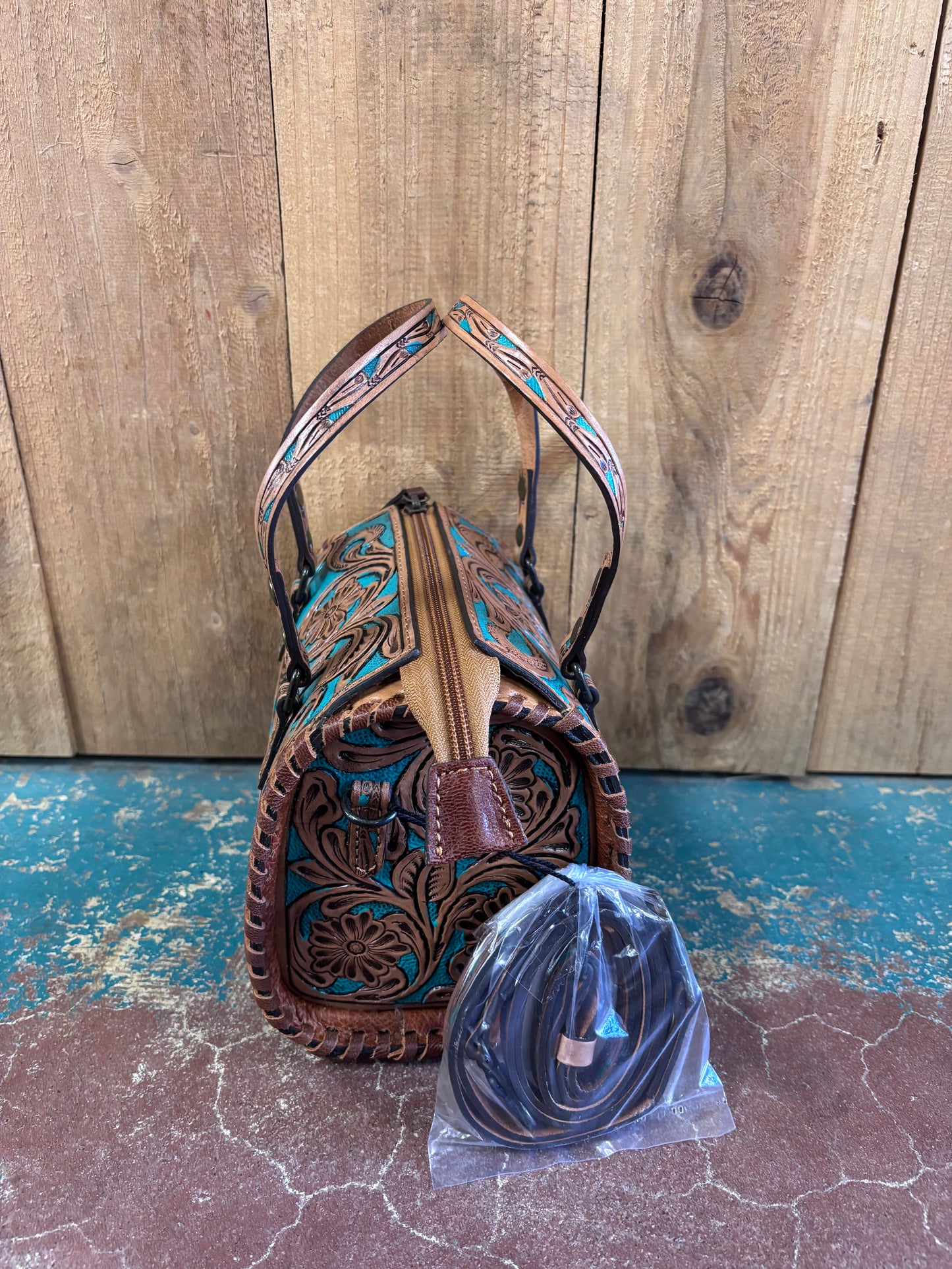 Mini Tan And Turquoise Flower Tooled Crossbody Leather Speedy Bag Purse