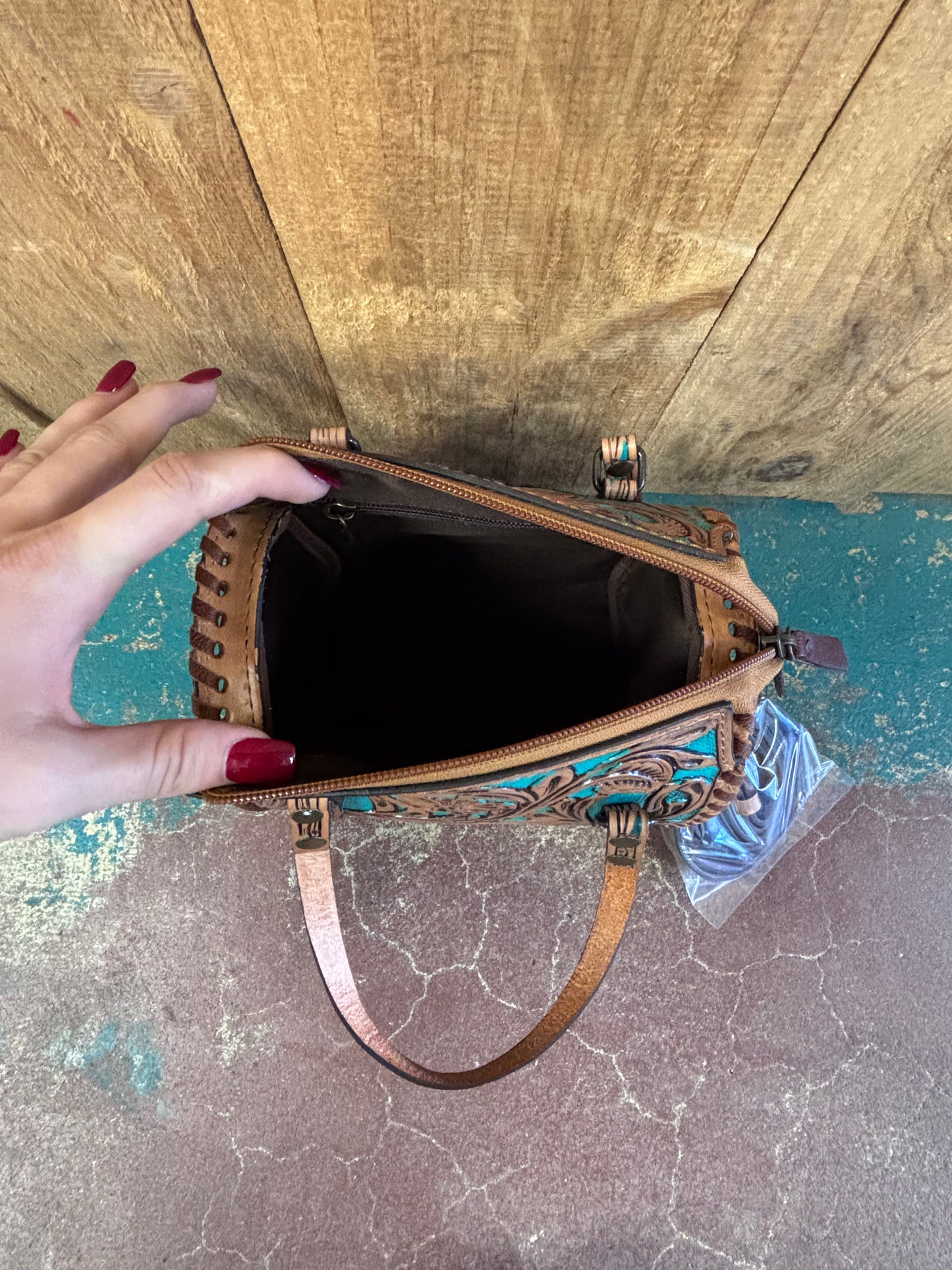 Mini Tan And Turquoise Flower Tooled Crossbody Leather Speedy Bag Purse