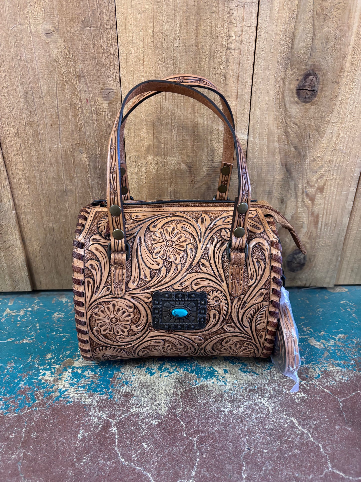 Mini Tan Flower Tooled Turquoise Stone Crossbody Leather Speedy Bag Purse