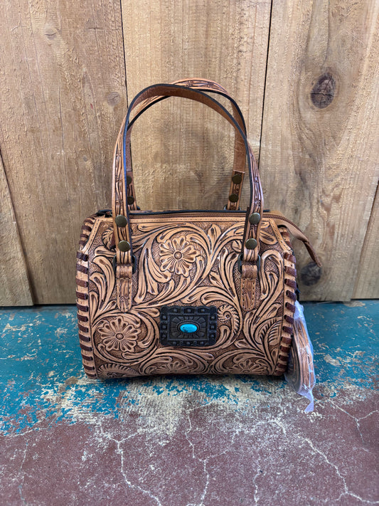 Mini Tan Flower Tooled Turquoise Stone Crossbody Leather Speedy Bag Purse