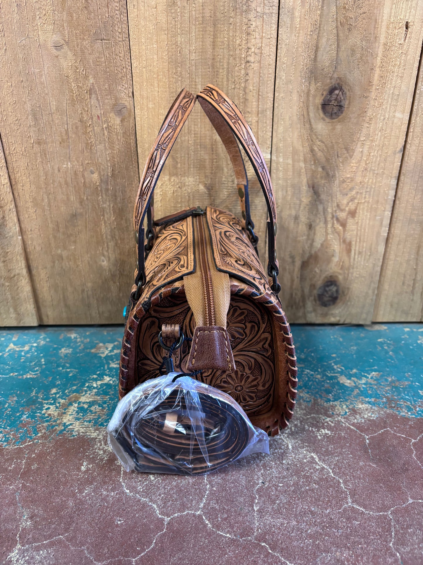 Mini Tan Flower Tooled Turquoise Stone Crossbody Leather Speedy Bag Purse