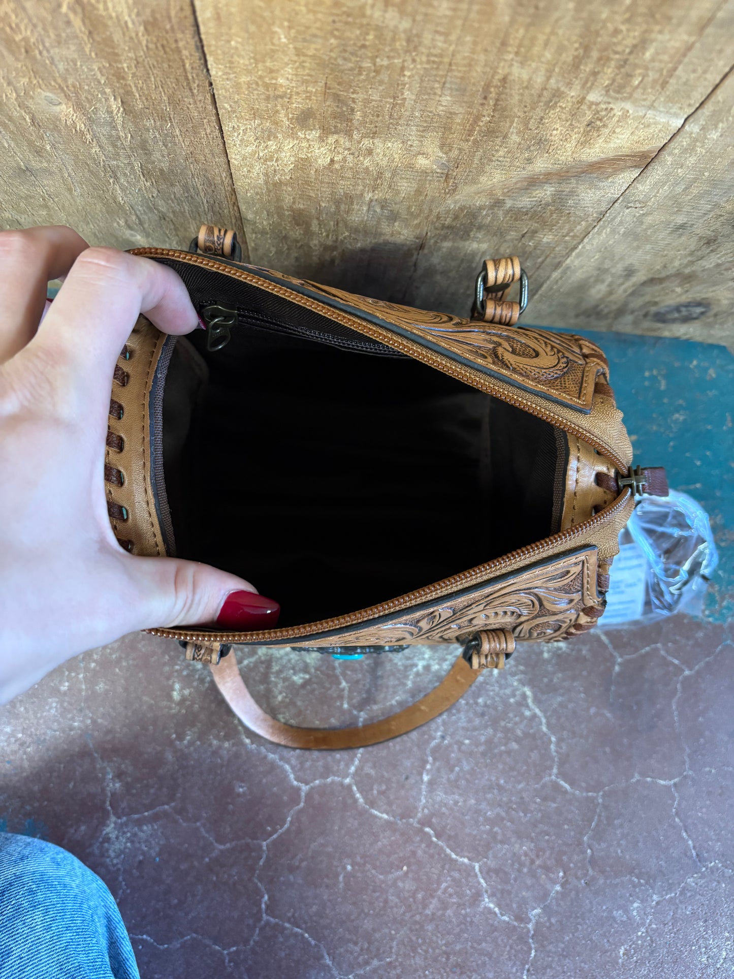 Mini Tan Flower Tooled Turquoise Stone Crossbody Leather Speedy Bag Purse