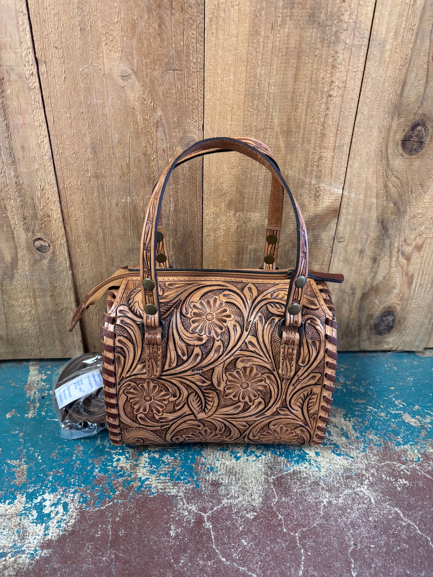 Mini Tan Flower Tooled Turquoise Stone Crossbody Leather Speedy Bag Purse