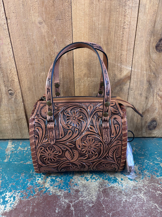 Mini Brown And Black Flower Tooled Crossbody Leather Speedy Bag Purse