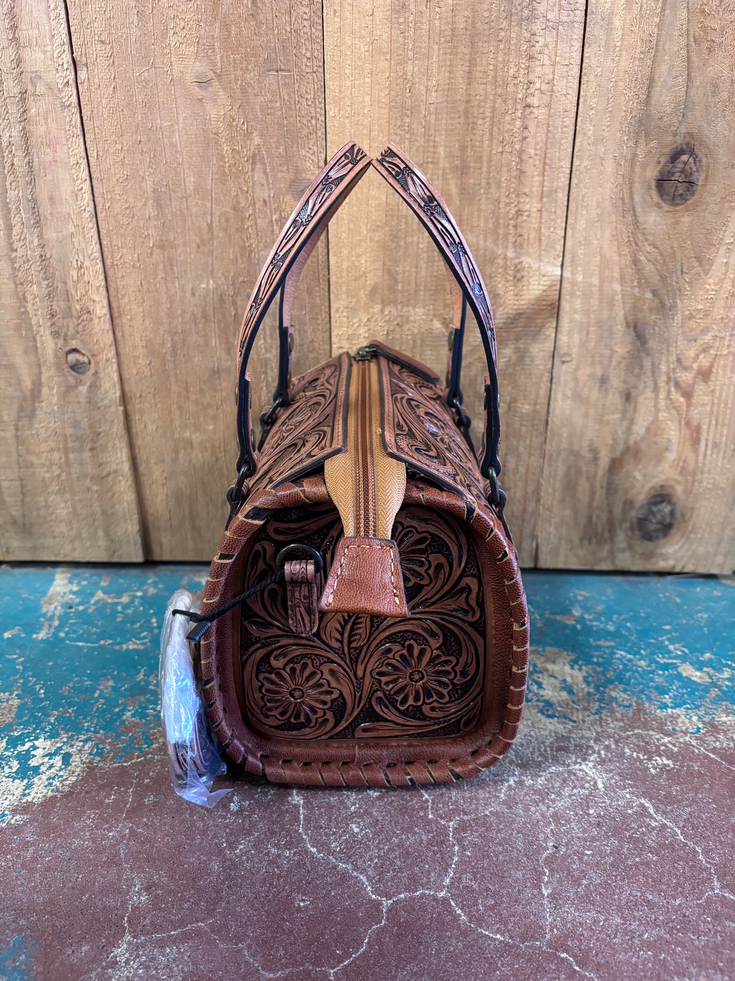 Mini Brown And Black Flower Tooled Crossbody Leather Speedy Bag Purse