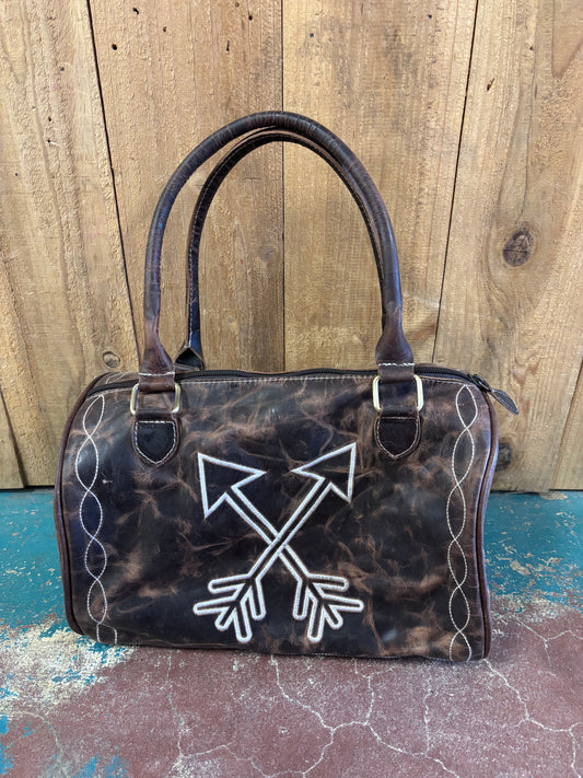 Brown Leather Boot Stitched Arrow Bag Purse