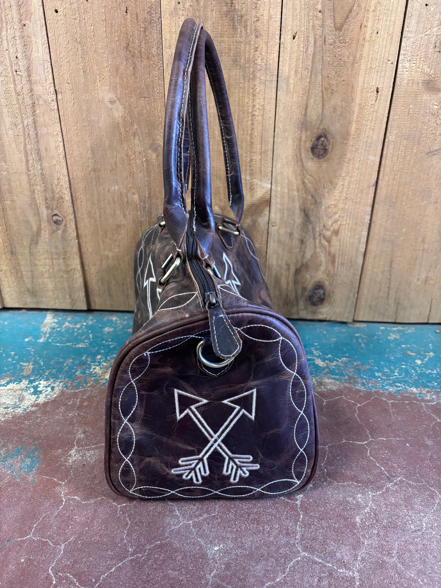 Brown Leather Boot Stitched Arrow Bag Purse