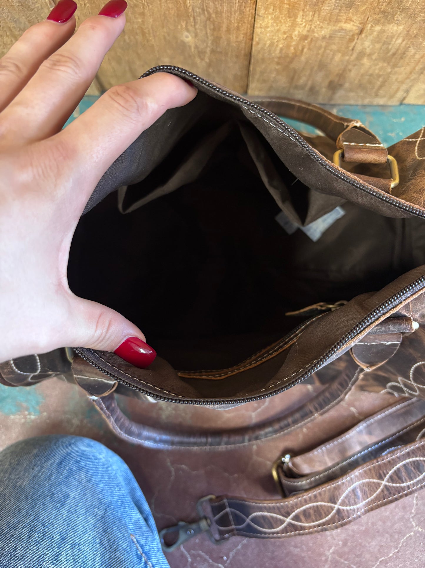 Brown Leather Boot Stitched Arrow Bag Purse