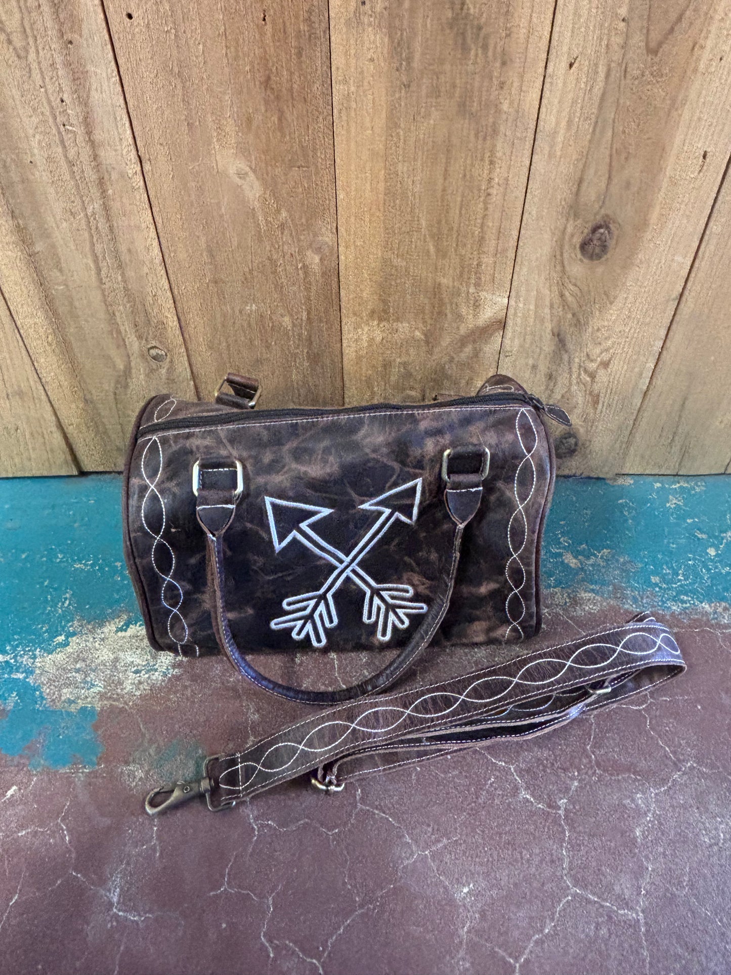 Brown Leather Boot Stitched Arrow Bag Purse