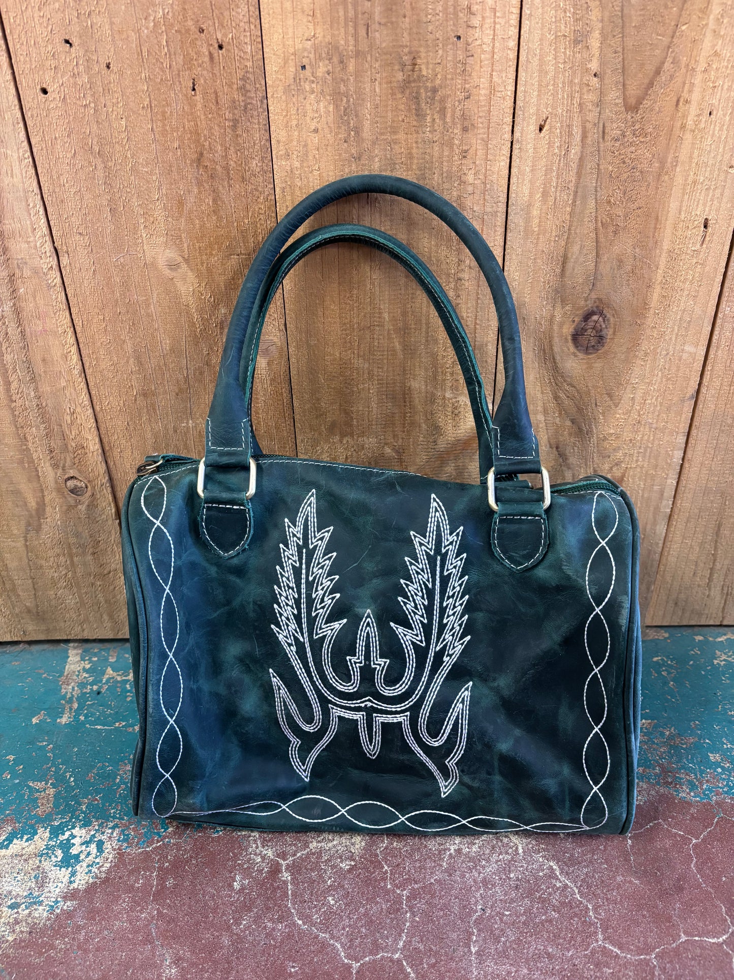Boot Top Stitch Green Leather Boot Stitched Overnight Speedy Bag Purse (Version 2)