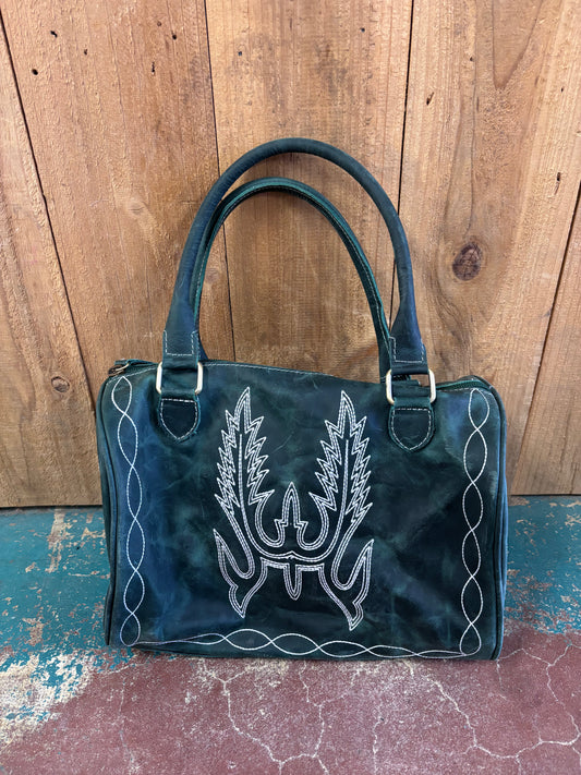 Boot Top Stitch Green Leather Boot Stitched Overnight Speedy Bag Purse (Version 2)