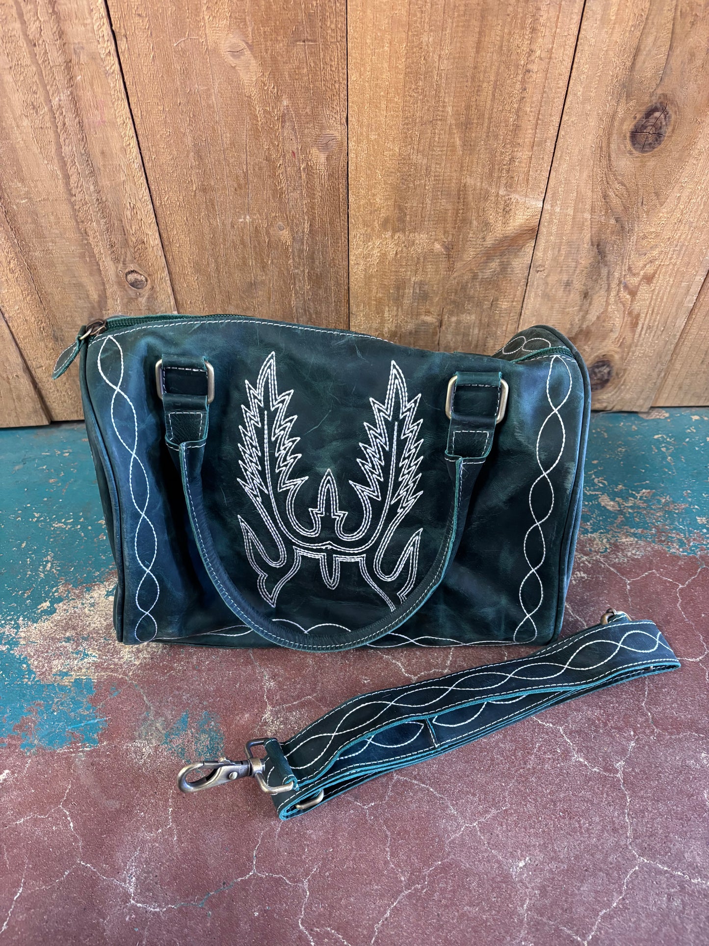 Boot Top Stitch Green Leather Boot Stitched Overnight Speedy Bag Purse (Version 2)