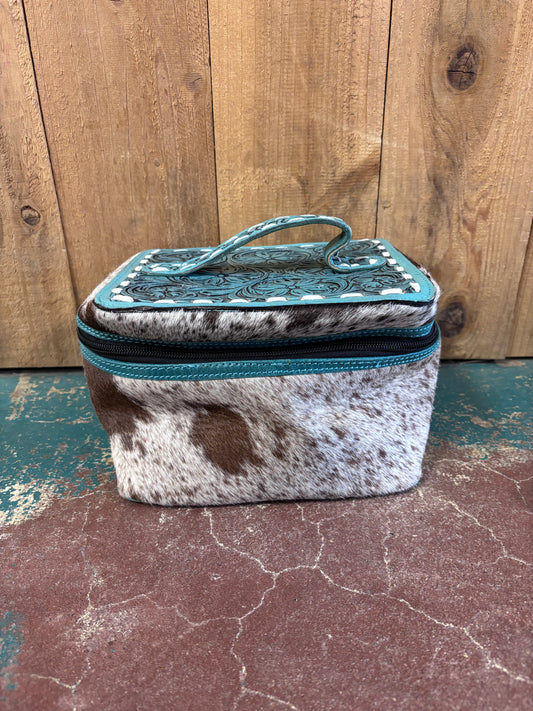 Turquoise Tooled Brown And White Cowhide Leather Make Up Bag