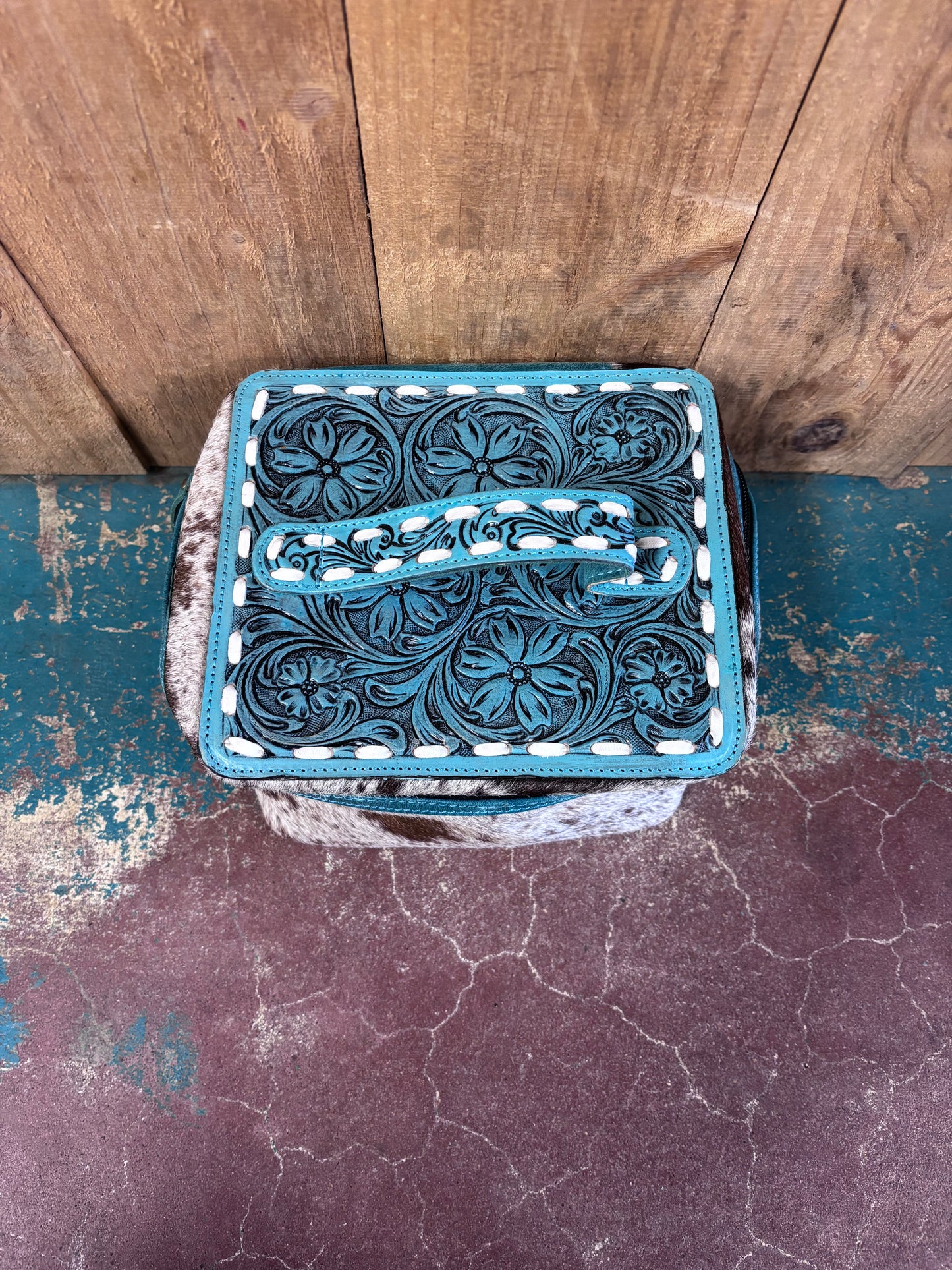 Turquoise Tooled Brown And White Cowhide Leather Make Up Bag