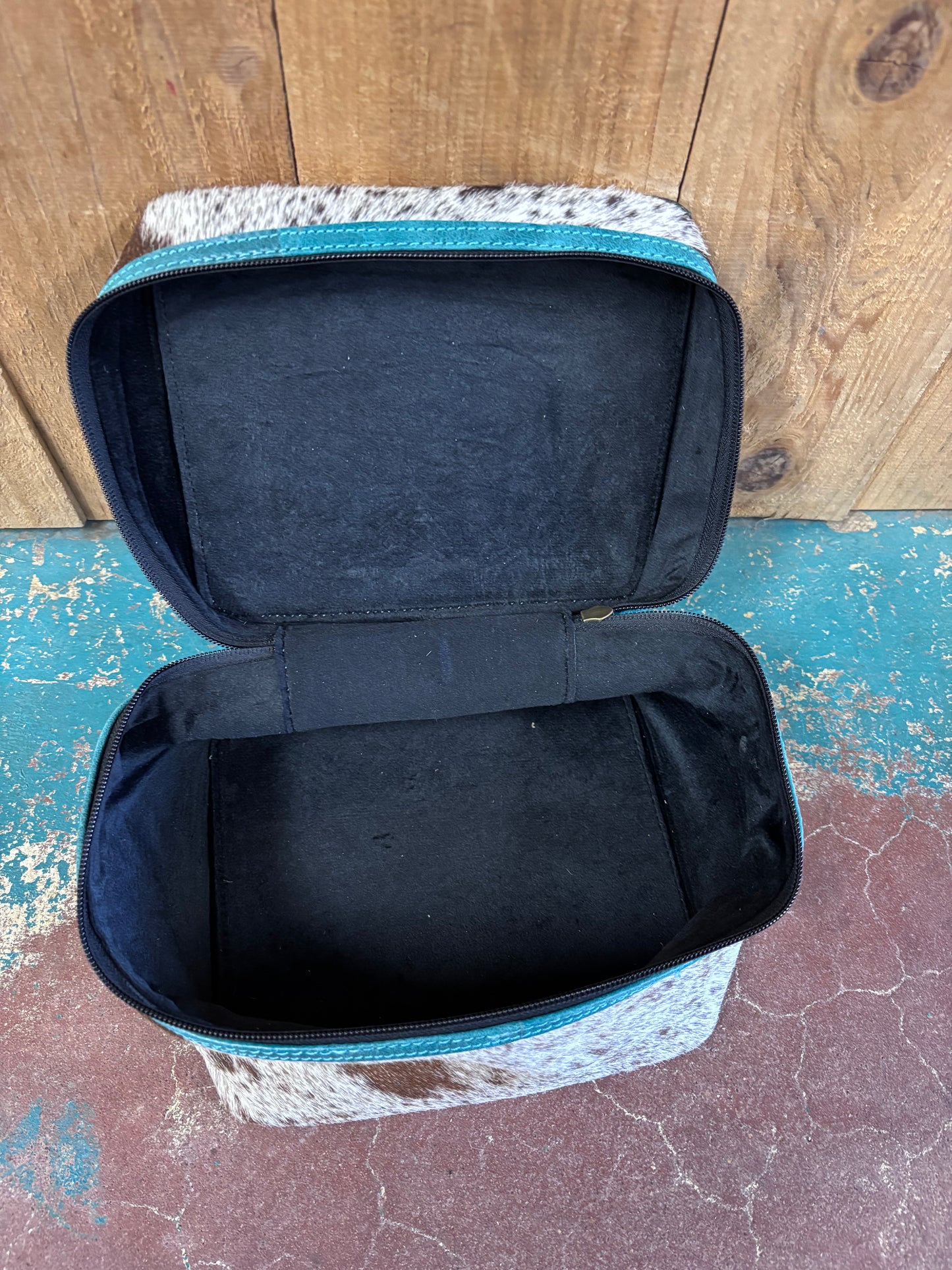 Turquoise Tooled Brown And White Cowhide Leather Make Up Bag