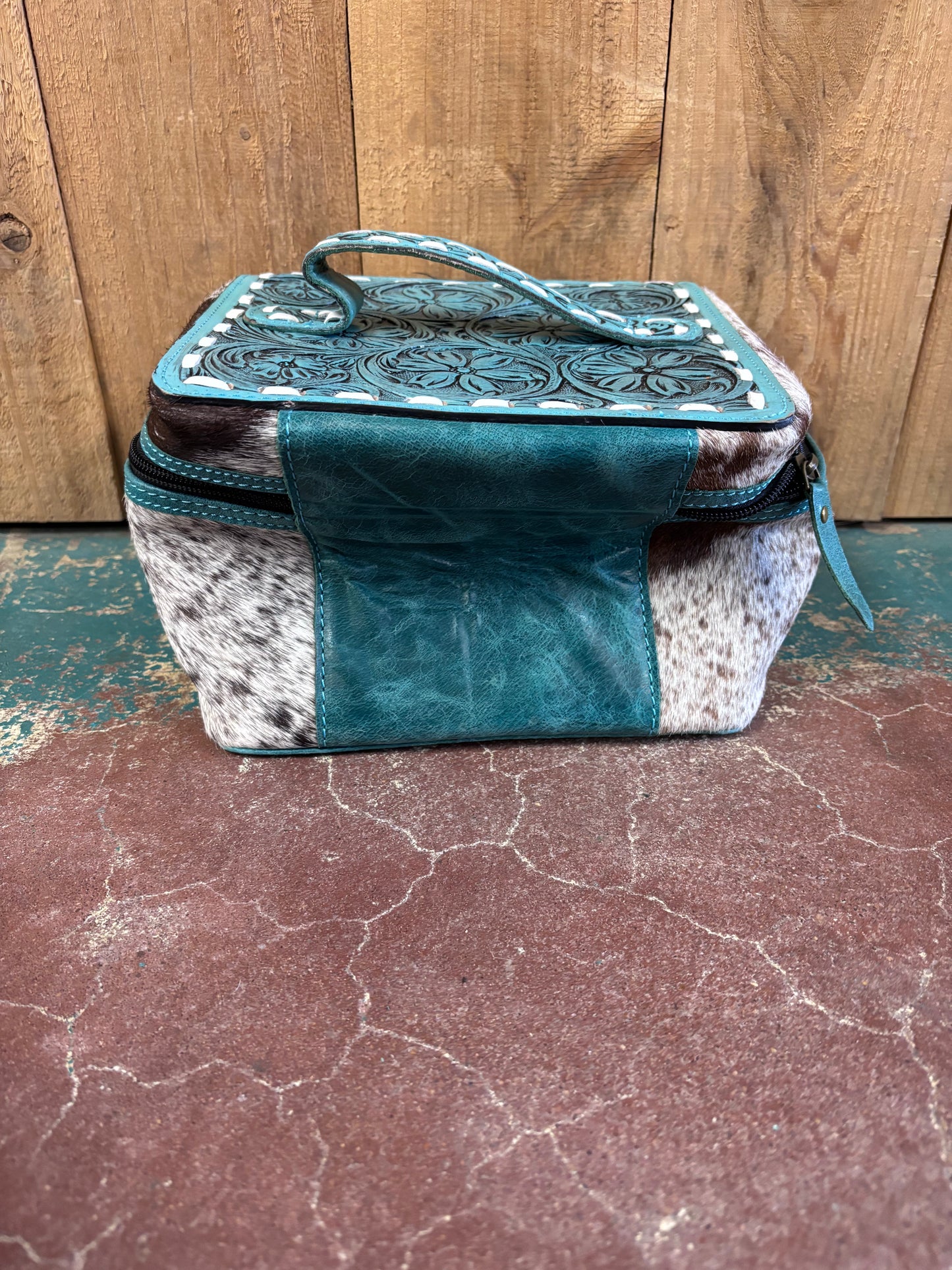 Turquoise Tooled Brown And White Cowhide Leather Make Up Bag